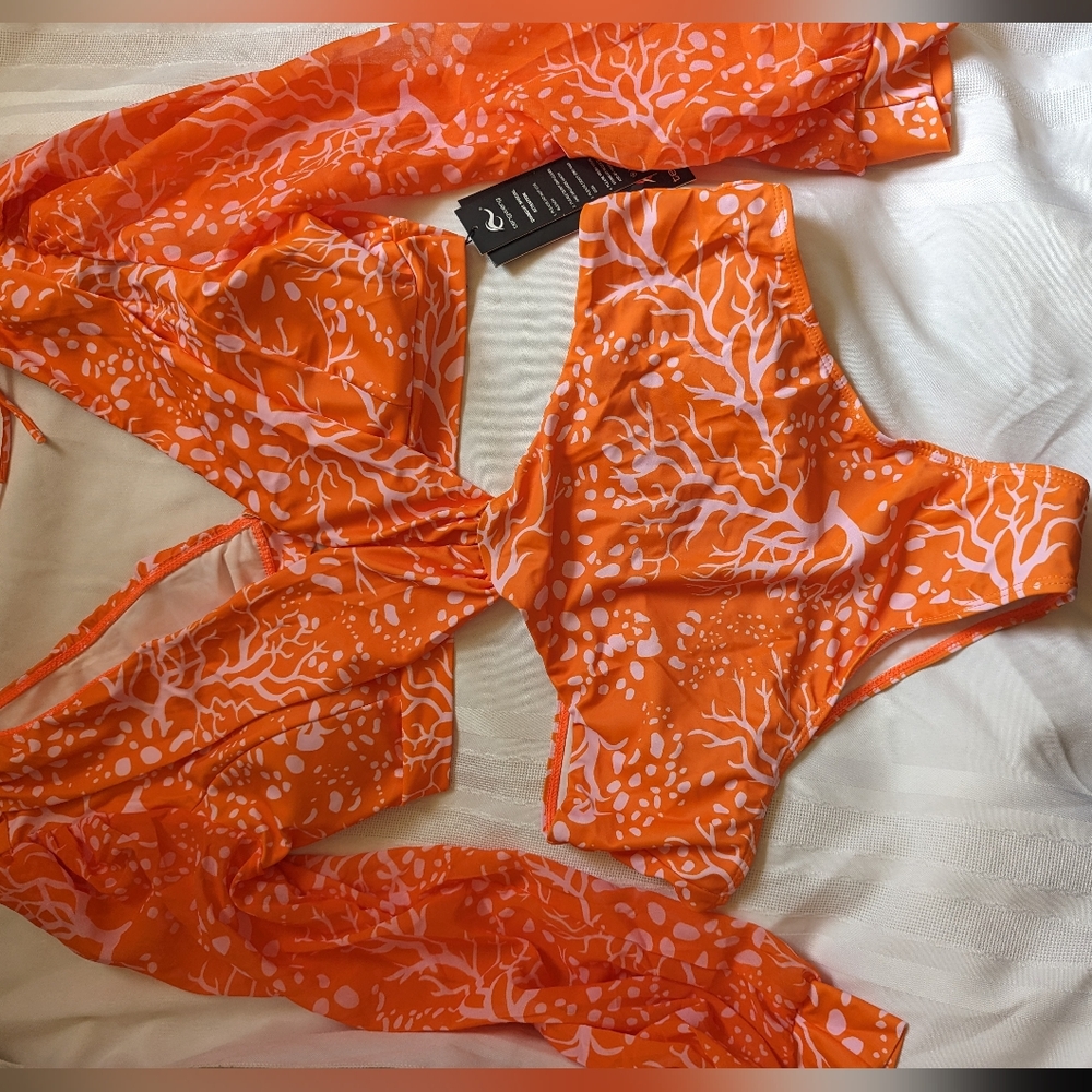 Tengweng coral print orange one piece swimsuit size XL